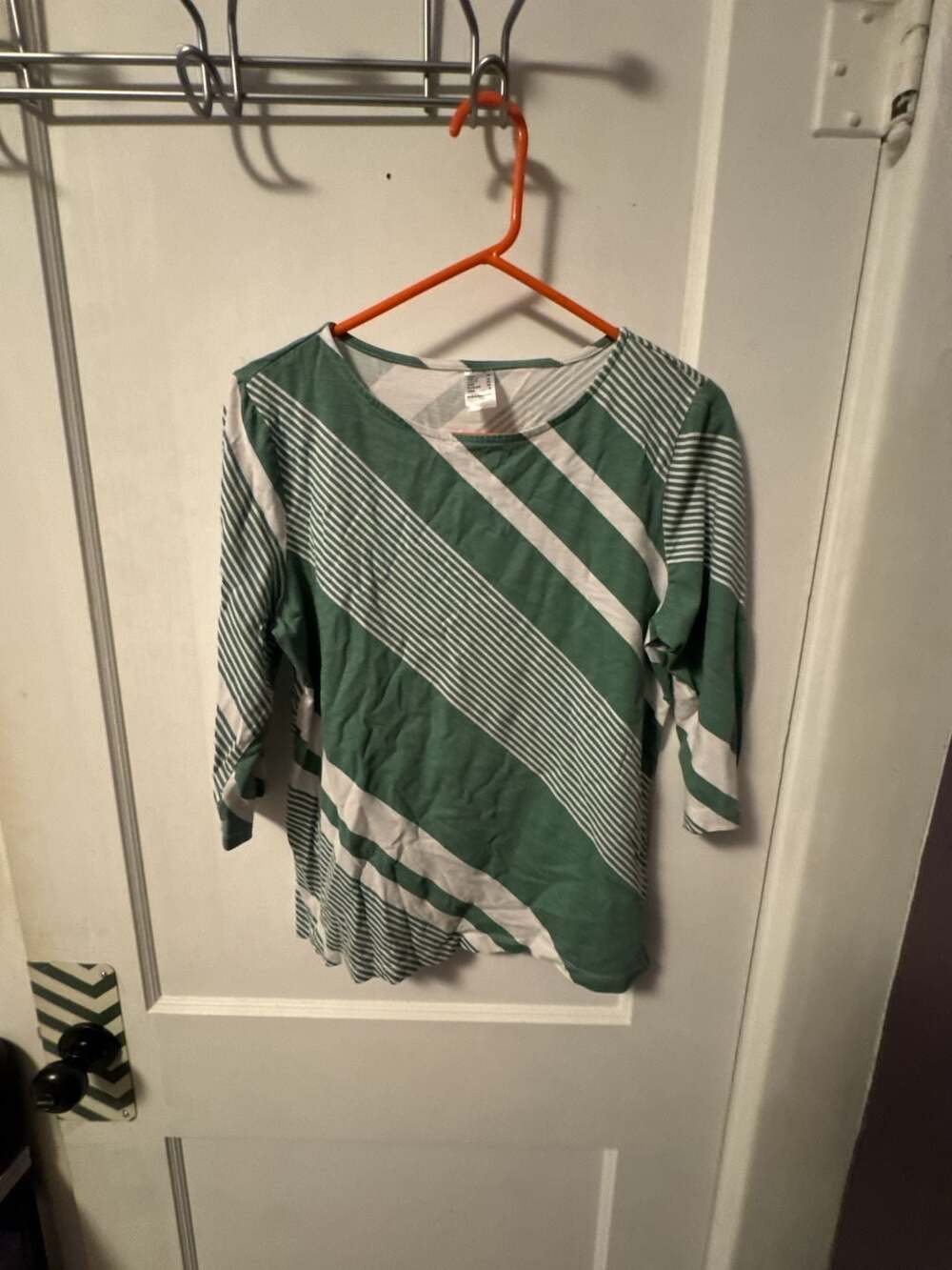 H&M Green and White Diagonal Striped 3/4 Sleeve Cotton Top